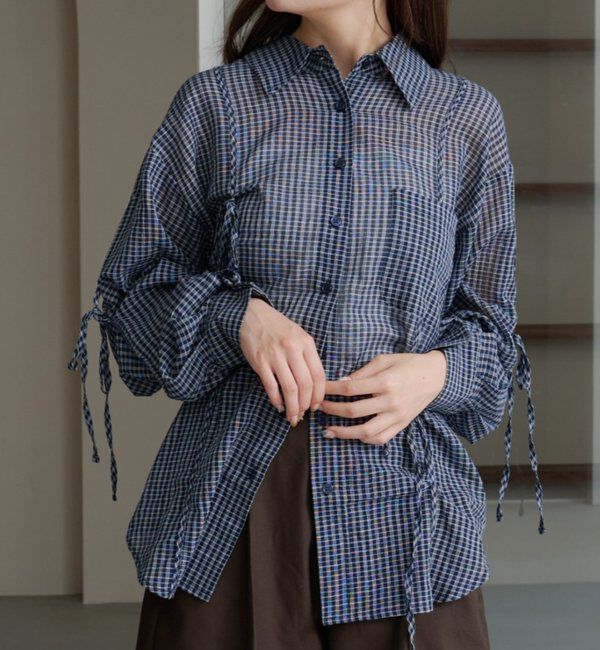  「【新色追加/S.Mサイズ展開】チェックギャザーシャツ」|シャツ・ブラウス|ネイビー
