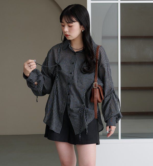  「【新色追加/S.Mサイズ展開】チェックギャザーシャツ」|シャツ・ブラウス|