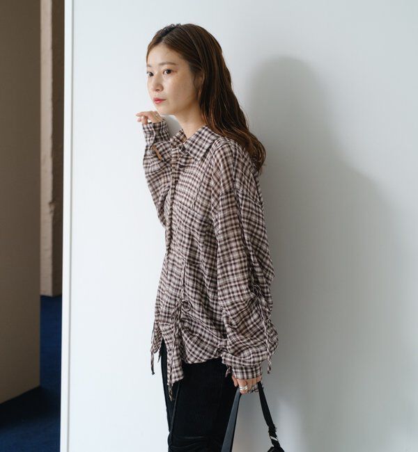  「【新色追加/S.Mサイズ展開】チェックギャザーシャツ」|シャツ・ブラウス|