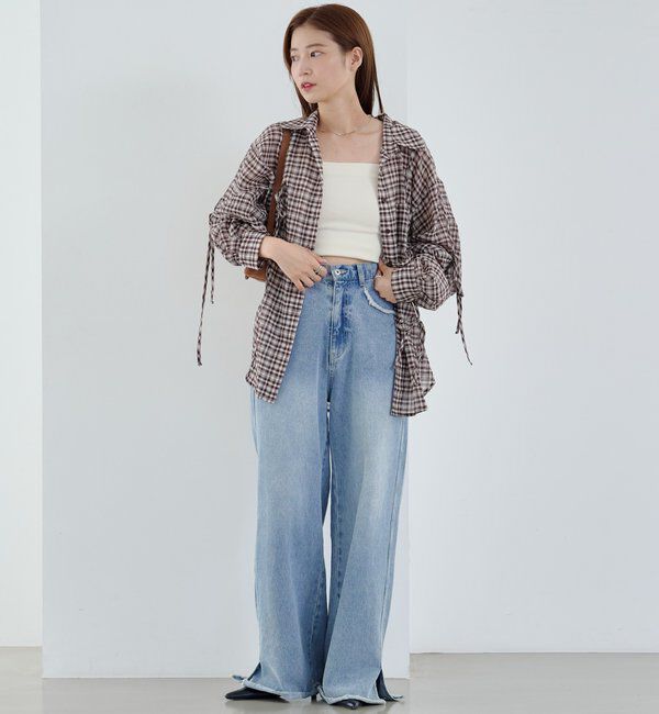  「【新色追加/S.Mサイズ展開】チェックギャザーシャツ」|シャツ・ブラウス|