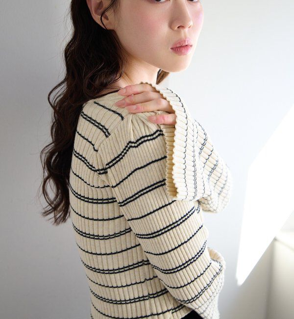  「【ボーダー＆無地】フレアスリーブリブニット」|ニット・セーター|