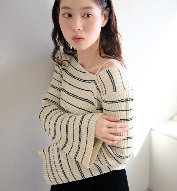  「【ボーダー＆無地】フレアスリーブリブニット」|ニット・セーター|