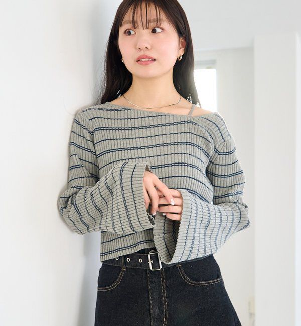  「【ボーダー＆無地】フレアスリーブリブニット」|ニット・セーター|