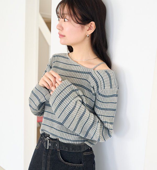  「【ボーダー＆無地】フレアスリーブリブニット」|ニット・セーター|