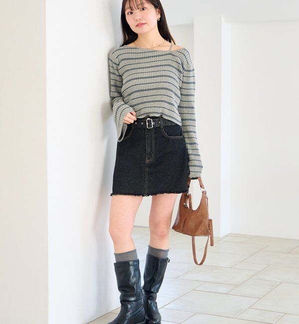  「【ボーダー＆無地】フレアスリーブリブニット」|ニット・セーター|