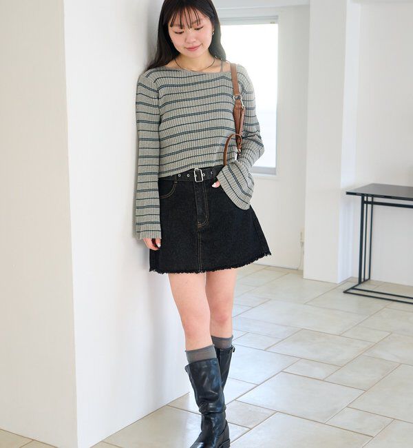  「【ボーダー＆無地】フレアスリーブリブニット」|ニット・セーター|