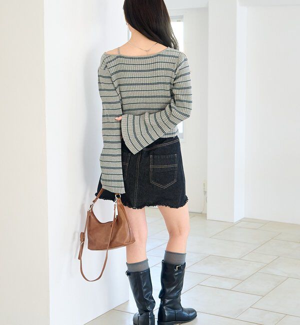  「【ボーダー＆無地】フレアスリーブリブニット」|ニット・セーター|