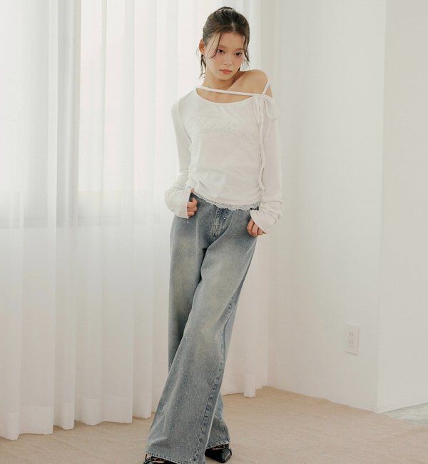  「ラインストーンロゴワイドデニムパンツ」|デニム|