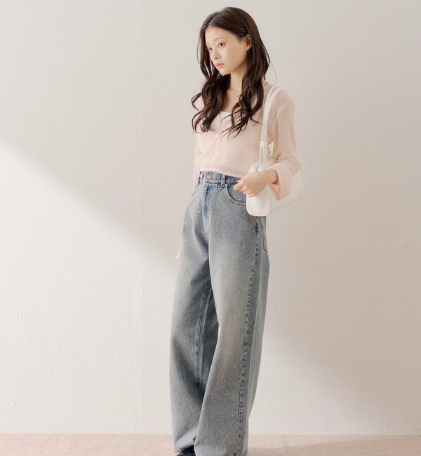  「ラインストーンロゴワイドデニムパンツ」|デニム|