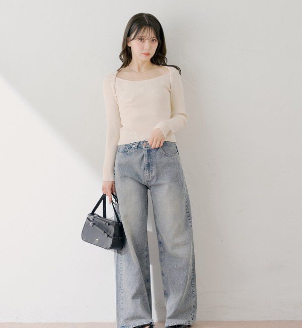  「ラインストーンロゴワイドデニムパンツ」|デニム|