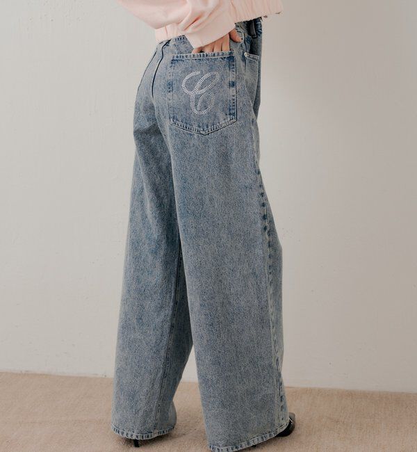  「ラインストーンロゴワイドデニムパンツ」|デニム|