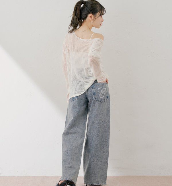  「ラインストーンロゴワイドデニムパンツ」|デニム|