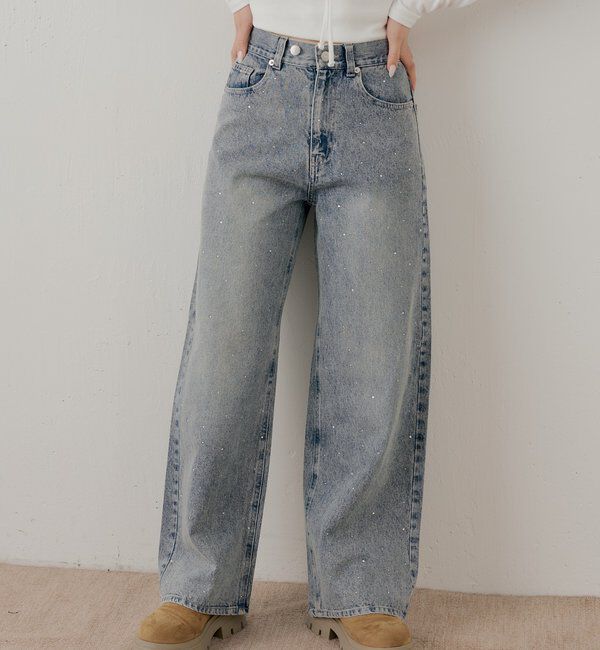  「ラインストーンロゴワイドデニムパンツ」|デニム|