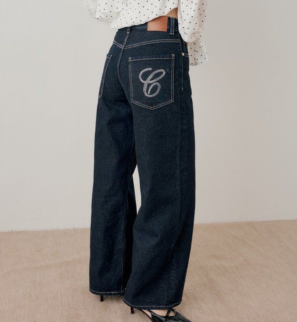  「ラインストーンロゴワイドデニムパンツ」|デニム|ネイビー
