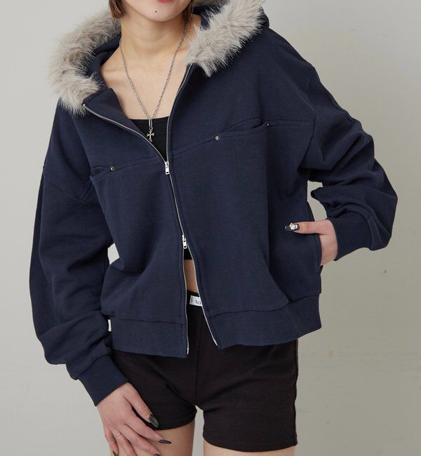  「スラッシュポケットファーパーカー」|パーカー|ネイビー