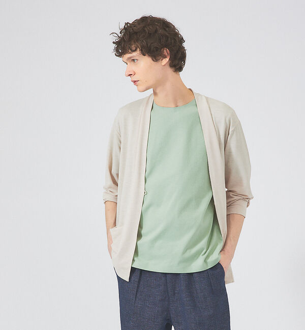 ABAHOUSE「【定番/シアー素材】ストレッチ カノコ ワンボタン カーディガン」|カーディガン|ベージュ