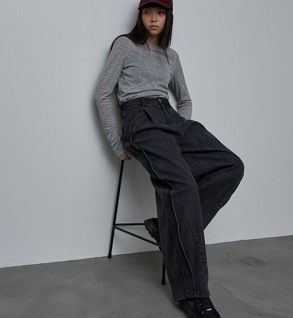 NOMINE「サイドライン タック ワイド ハイウエスト デニムパンツ【予約】」|デニム|