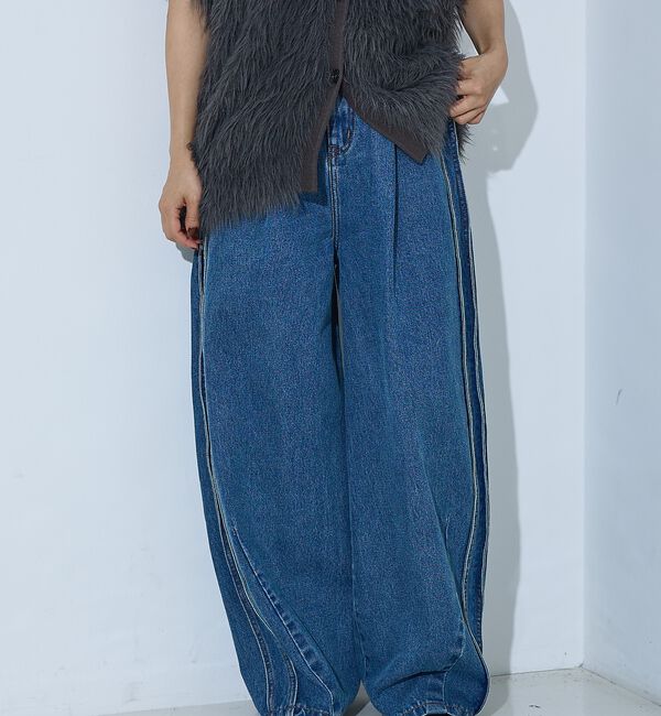 NOMINE「サイドライン タック ワイド ハイウエスト デニムパンツ【予約】」|デニム|