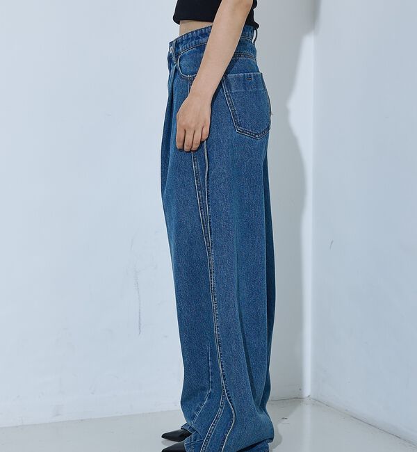 NOMINE「サイドライン タック ワイド ハイウエスト デニムパンツ【予約】」|デニム|