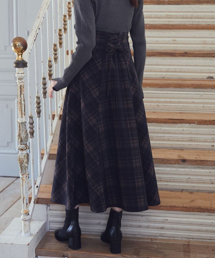 earth music&ecology「バックレースアップチェックスカート」|フレア|