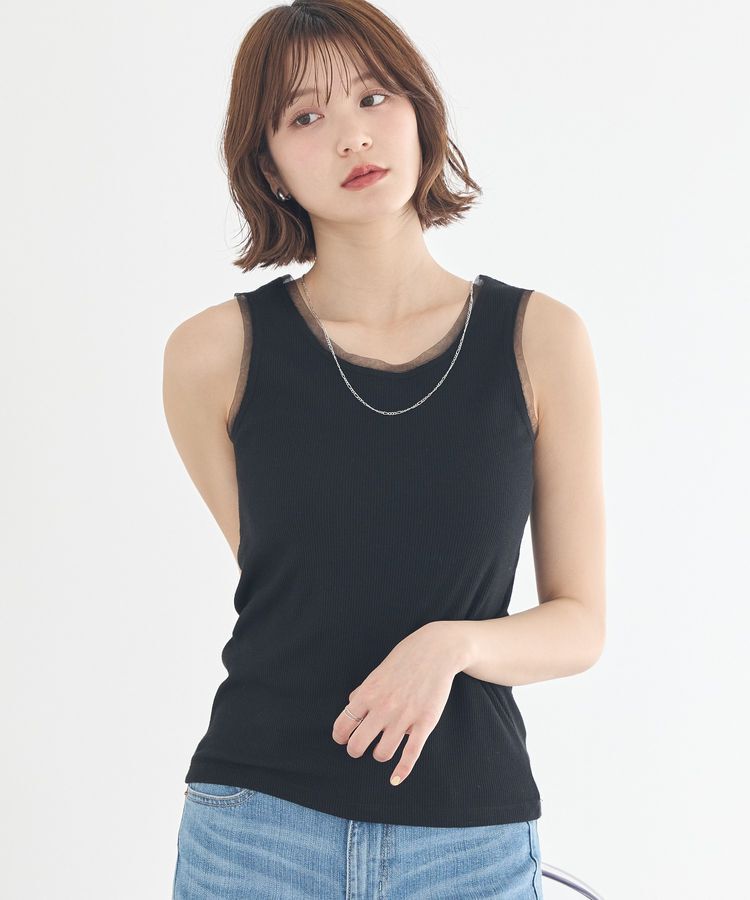 earth music&ecology「エッジチュールラメテレコタンクトップ」|キャミソール|Black