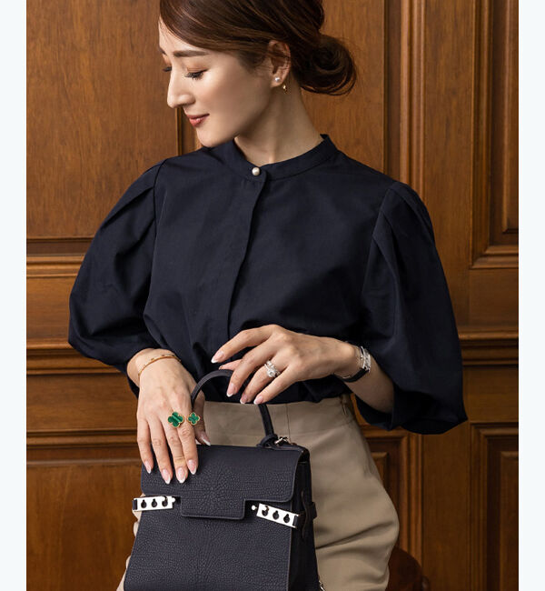 ur's「【星玲奈さんコラボアイテム】バンドカラーパフスリーブブラウス」|シャツ・ブラウス|ダークネイビー