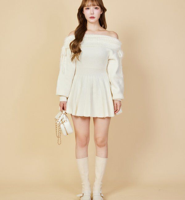  「オフショルプリーツニットミニワンピ」|ワンピース|