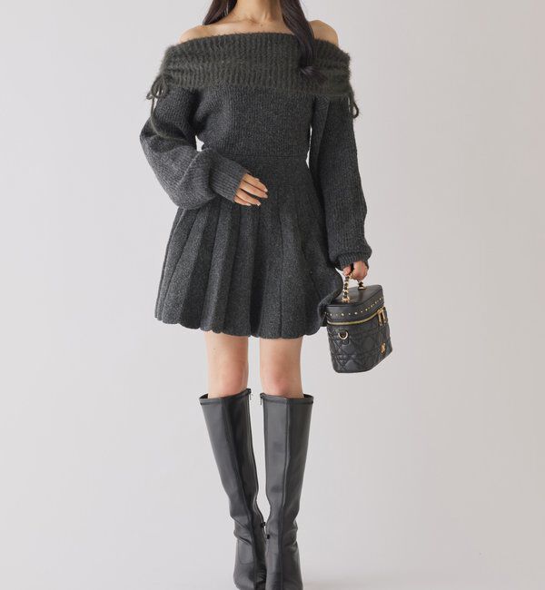  「オフショルプリーツニットミニワンピ」|ワンピース|