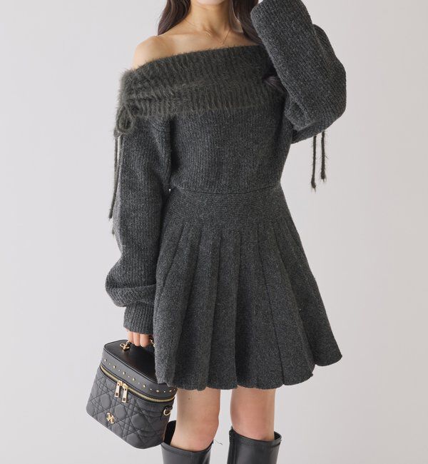  「オフショルプリーツニットミニワンピ」|ワンピース|