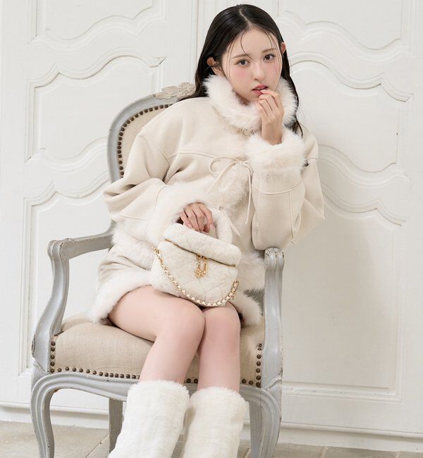  「【リボン取り外し可能】フェイクムートンリボンアウター」|ダウンベスト・ベスト|