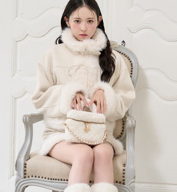  「【リボン取り外し可能】フェイクムートンリボンアウター」|ダウンベスト・ベスト|