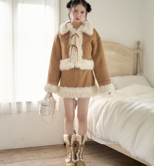  「【リボン取り外し可能】フェイクムートンリボンアウター」|ダウンベスト・ベスト|