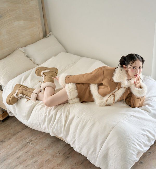  「【リボン取り外し可能】フェイクムートンリボンアウター」|ダウンベスト・ベスト|