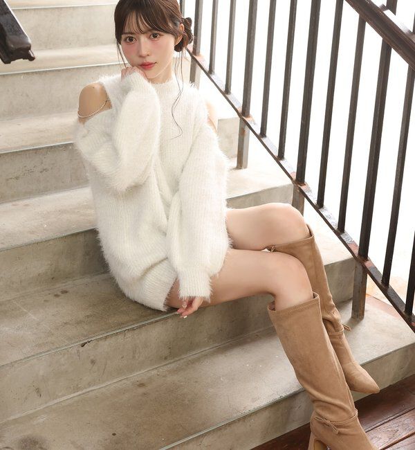  「肩あきビジューニットミニワンピ」|ワンピース|