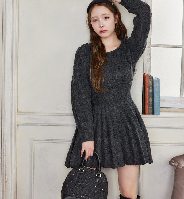  「ケーブルニットミニワンピ」|ワンピース|チャコールグレー