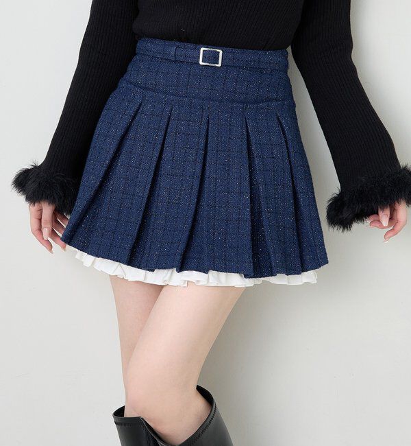  「ベルト付きレイヤードプリーツミニスカート」|スカート|ネイビー