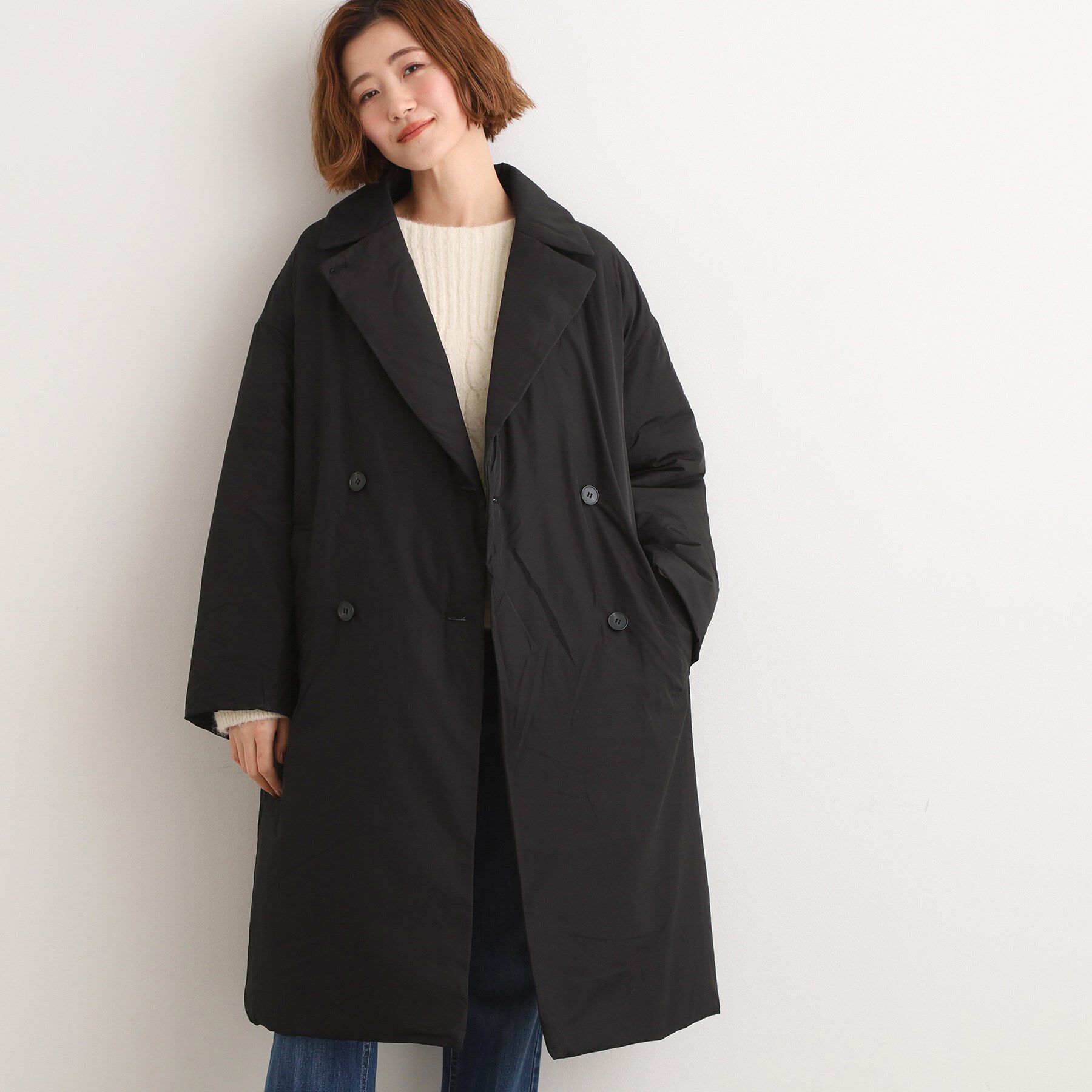 grove「すっきり見え、ステッチレス中綿コート」|ダウン|ブラック(019)
