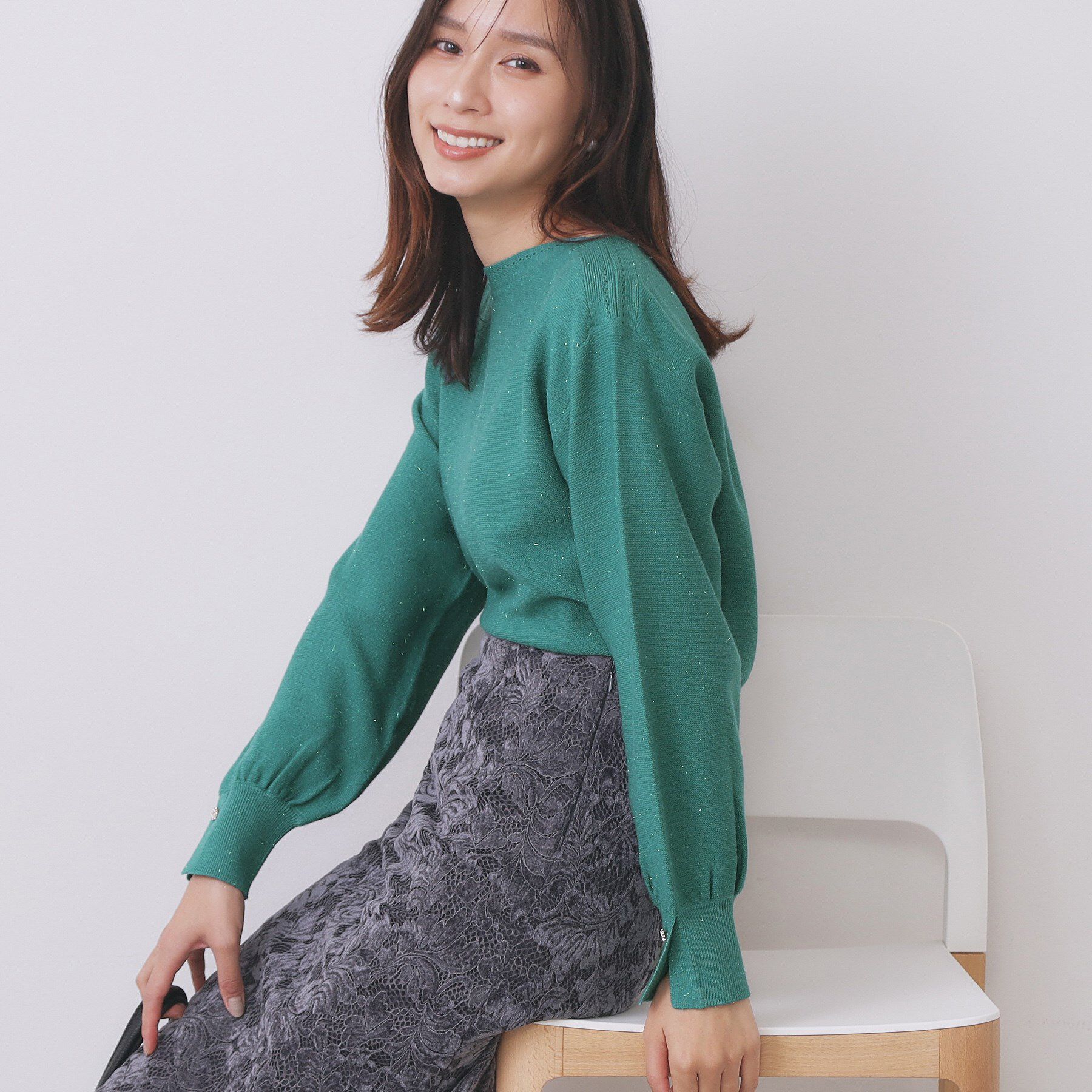 index「ラメガーター編みボートネックニット【洗濯機OK】《8col/XS～LL》」|ニット・セーター|グリーン(823)