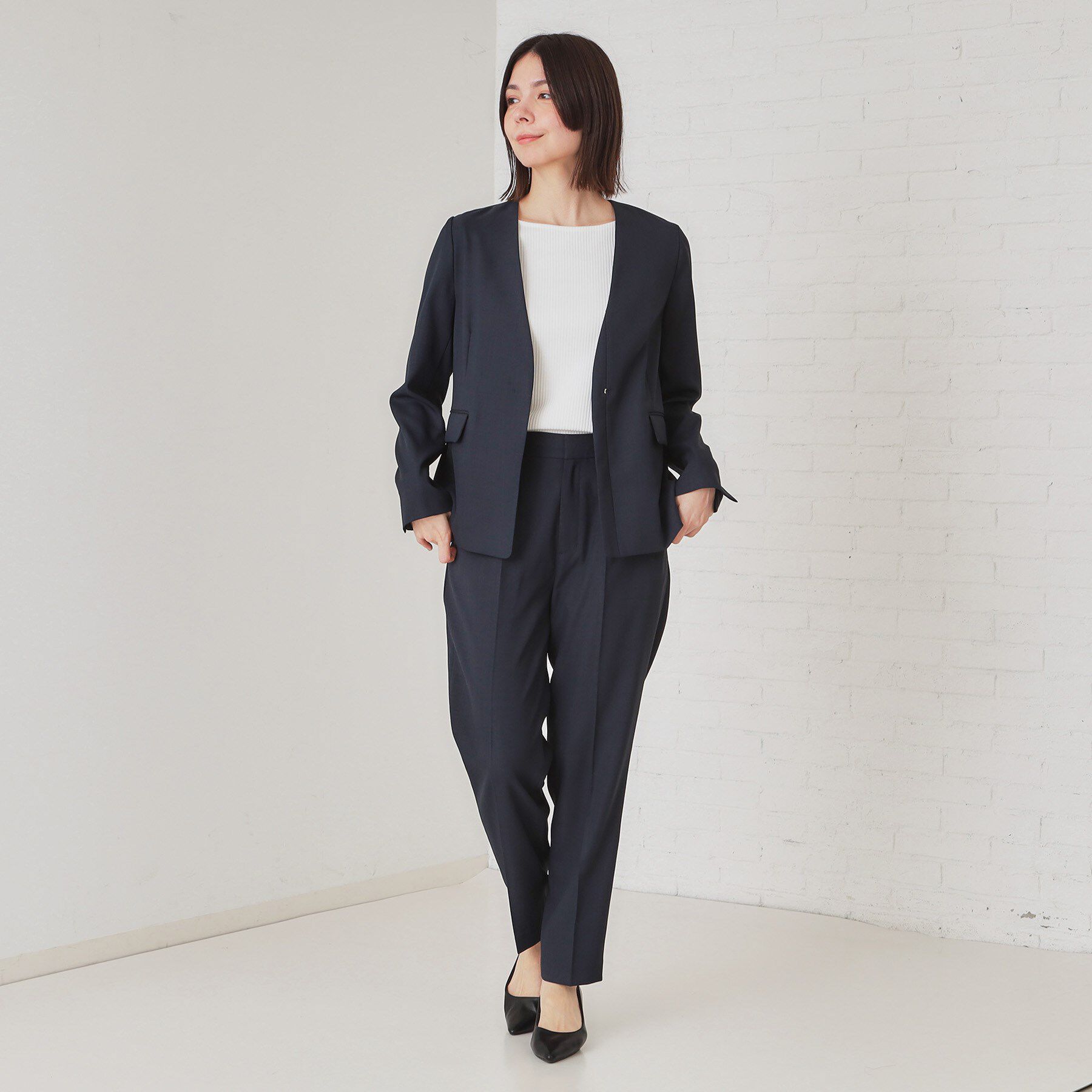 OPAQUE.CLIP「ストレッチリネンライクVネックジャケット/セットアップ対応【洗濯機洗い可/防シワ】」|ノーカラージャケット|