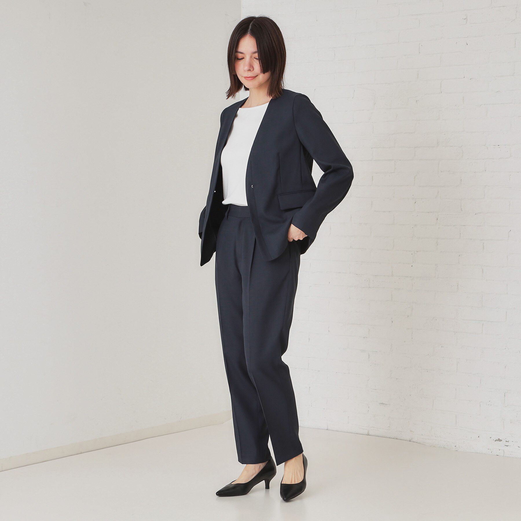 OPAQUE.CLIP「ストレッチリネンライクVネックジャケット/セットアップ対応【洗濯機洗い可/防シワ】」|ノーカラージャケット|