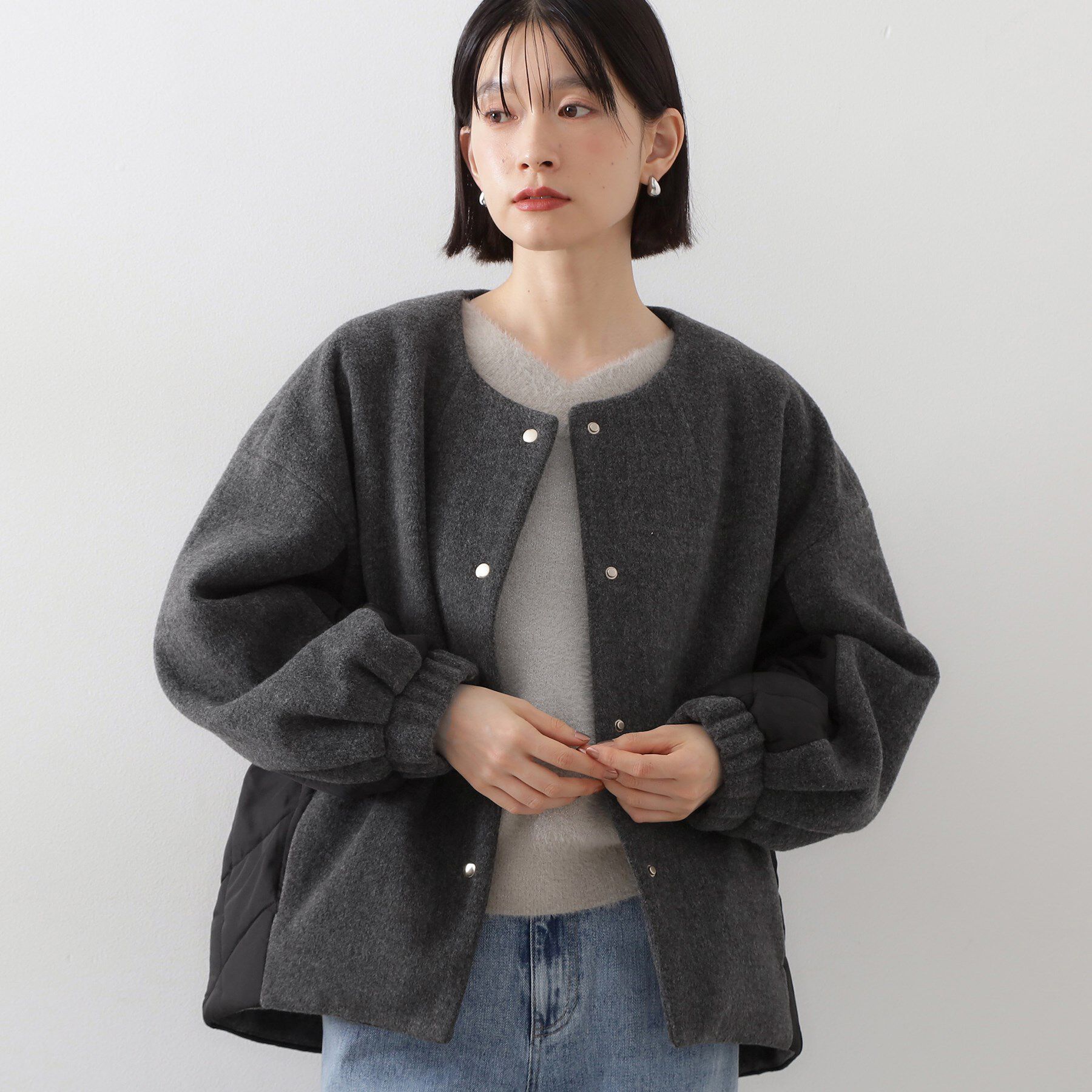 THE SHOP TK「前後で印象が変わる ドッキングノーカラージャケット」|ノーカラージャケット|チャコールグレー(0