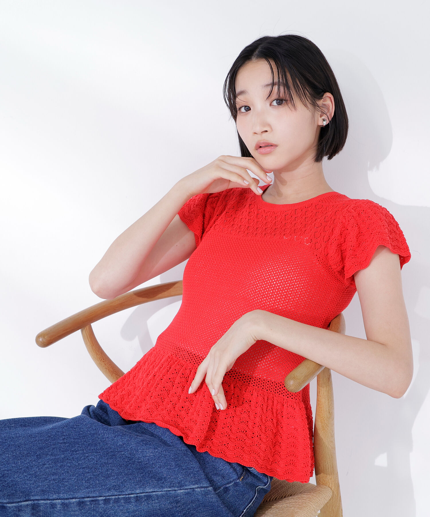  「透かし編みフリルニット」|ニット・セーター|レッド