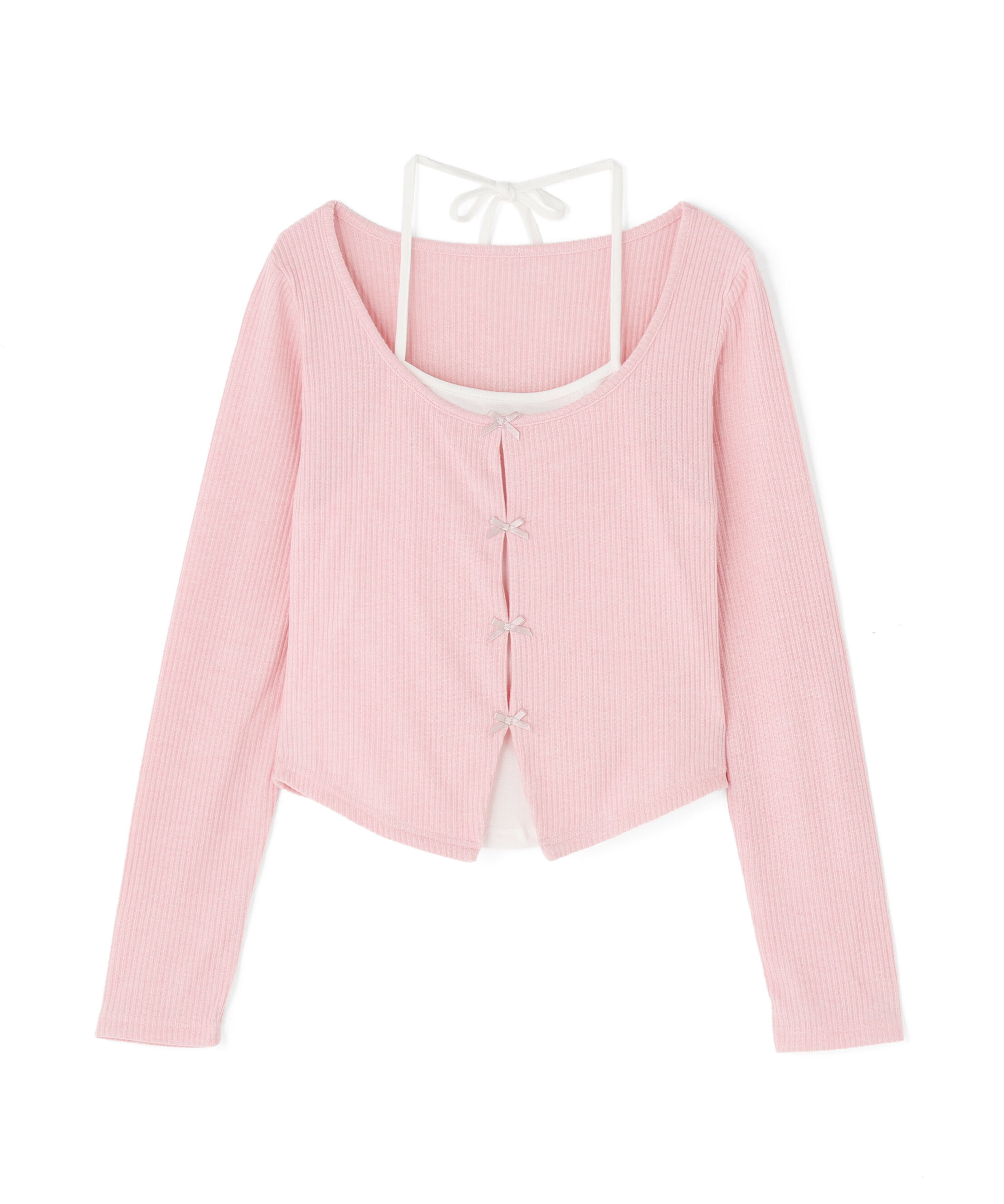  「レイヤード風リボンカットソー」|Tシャツ・カットソー|ピンク