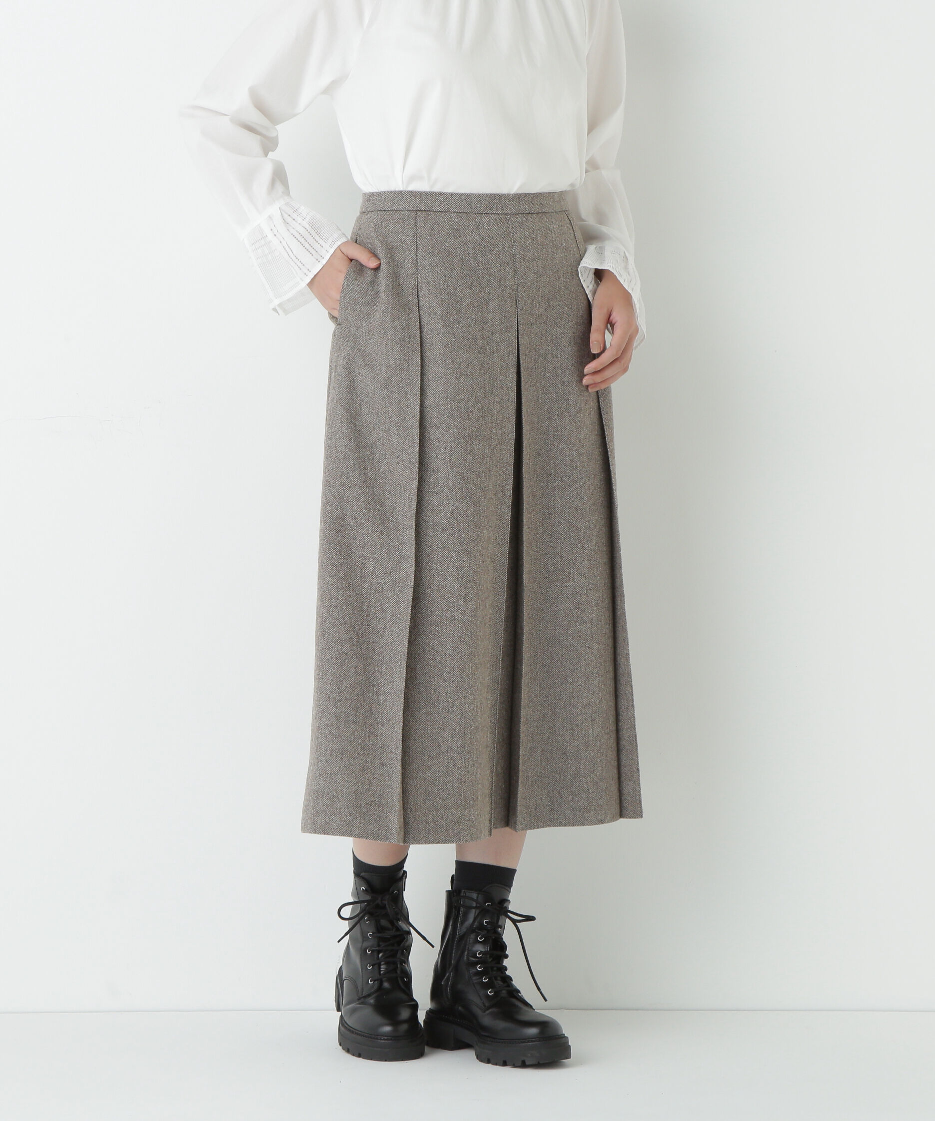  「ヘリンボーンツィードタックスカート」|スカート|ベージュ