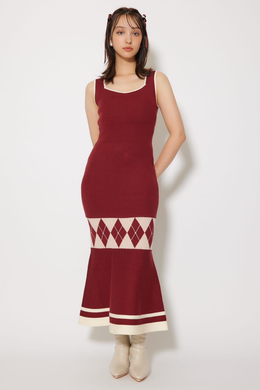 rienda「アーガイルバイカラーカーディガンセットニットワンピース」|ワンピース|