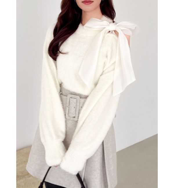 dazzlin「ワンショルミニシャギーニットトップス」|ニット・セーター|オフホワイト