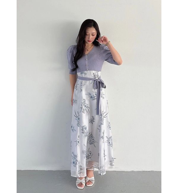 MERCURYDUO「ブーケ花柄ニットドッキングワンピース」|ワンピース|