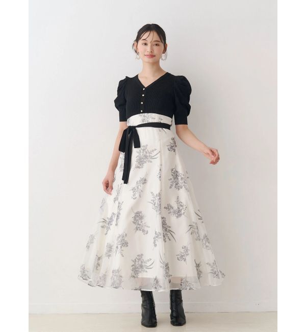 MERCURYDUO「ブーケ花柄ニットドッキングワンピース」|ワンピース|