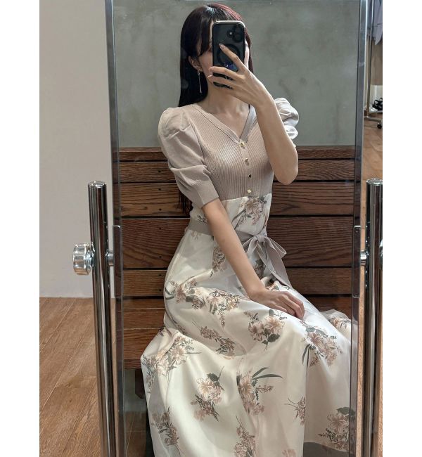 MERCURYDUO「ブーケ花柄ニットドッキングワンピース」|ワンピース|