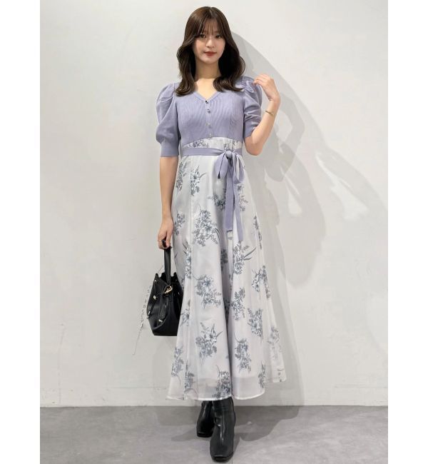 MERCURYDUO「ブーケ花柄ニットドッキングワンピース」|ワンピース|